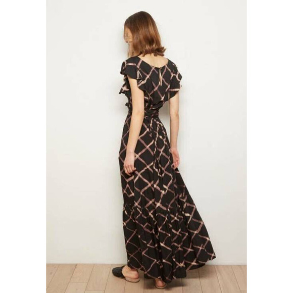 The Odells Seville Ruffle Maxi Dress Printed Tie Belt Pockets Black Size Small - Picture 14 of 16